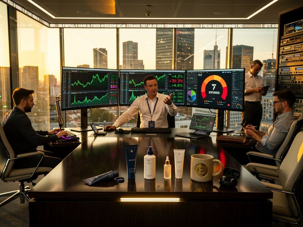 Crypto-Charts mit BTC +4.3% neben Herrenpflegeprodukten auf Trading-Desk