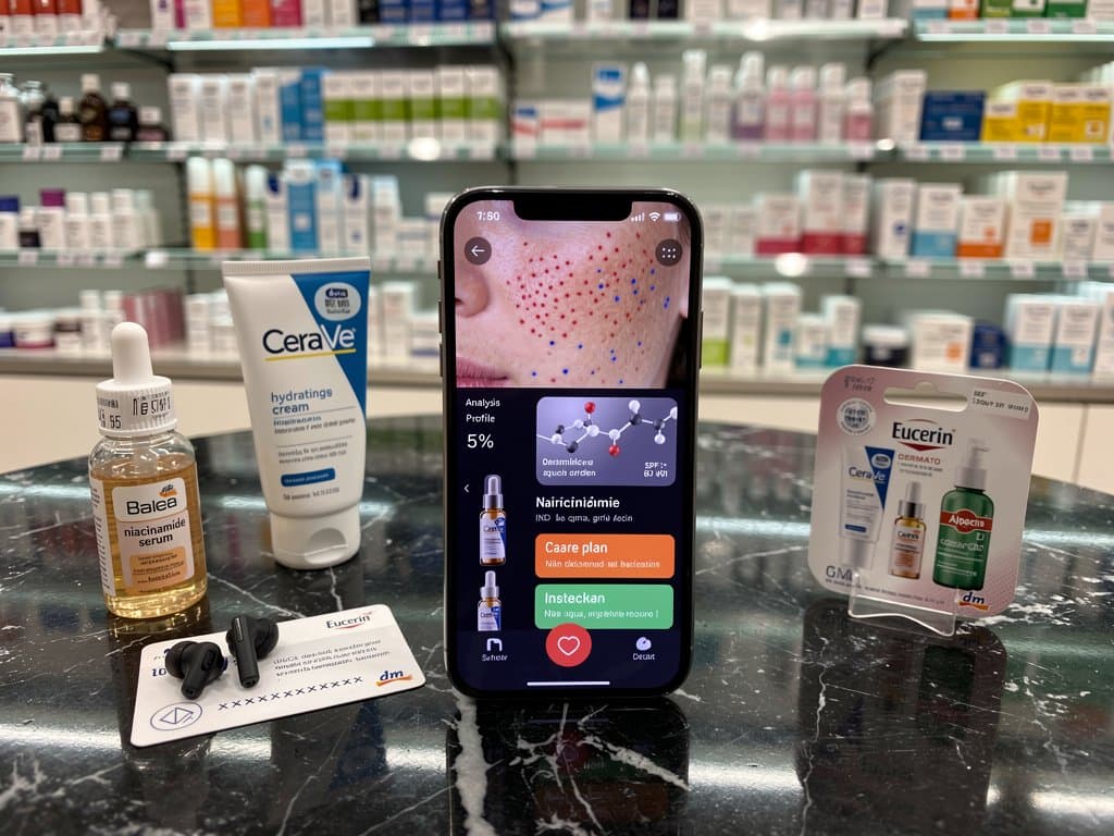 KI-Beauty-App auf Smartphone mit Haut-Heatmap und Drogerie-Produkten im Hintergrund