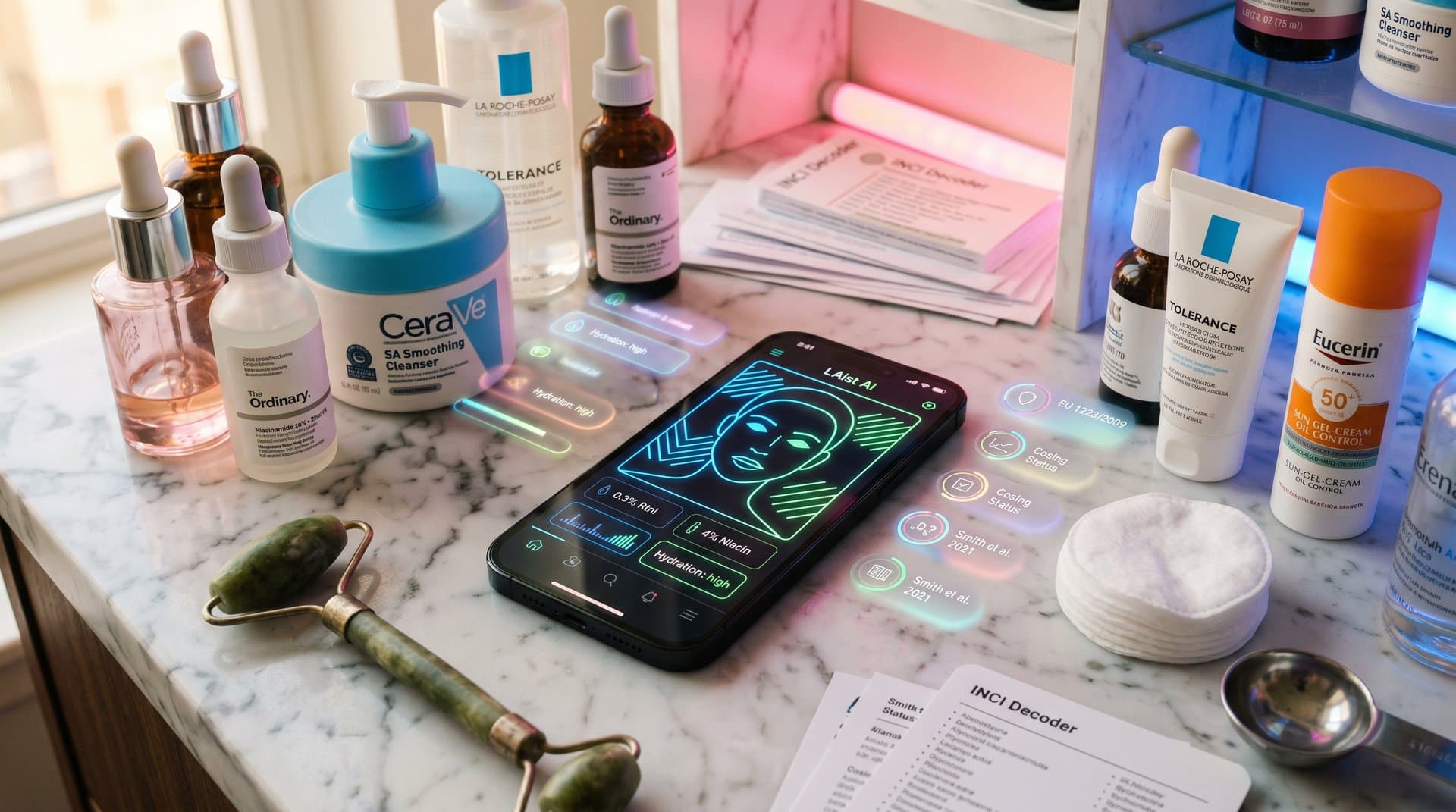 Smartphone-App mit KI-Hautanalyse und personalisierter Beauty-Routine, INCI-Listen und Drogerie-Produkte