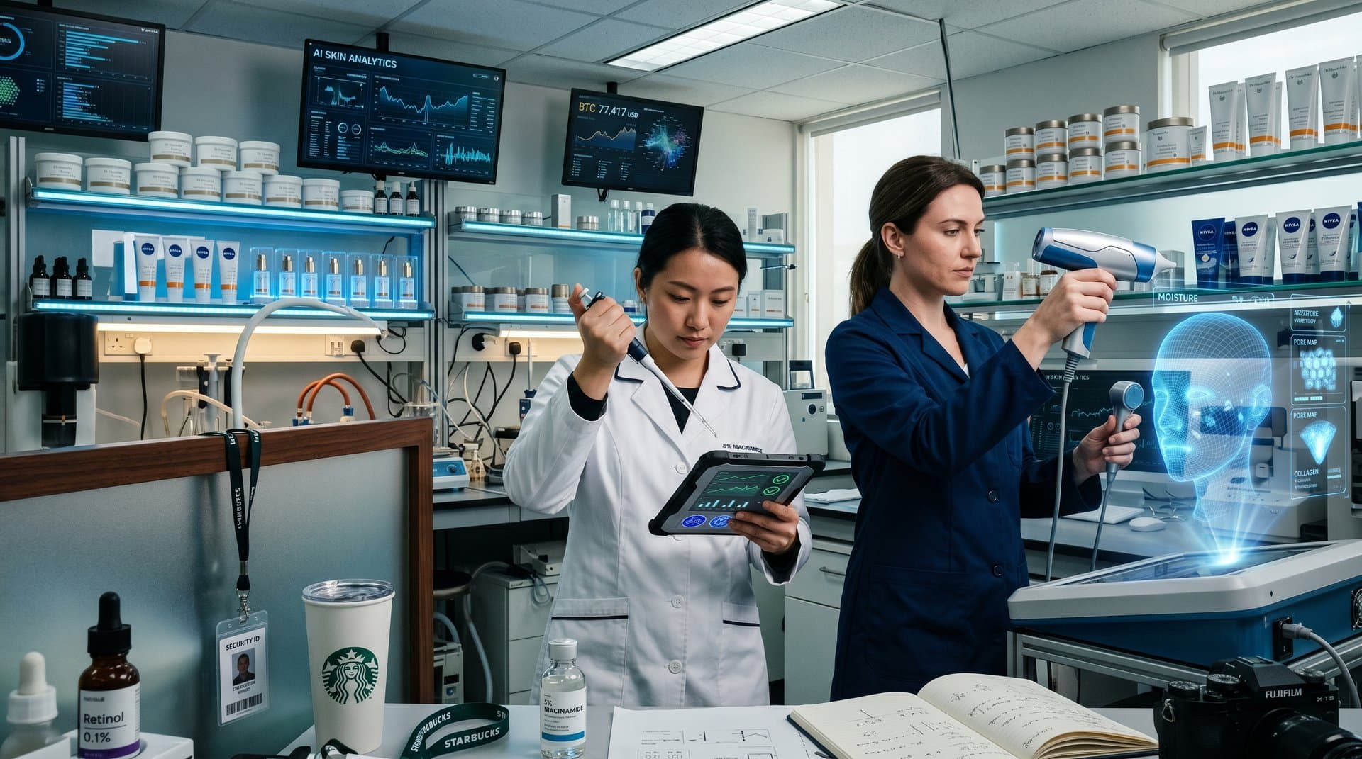 AI-Hautscanner in modernem Beauty-Salon mit Monitoren und Pflegeprodukten