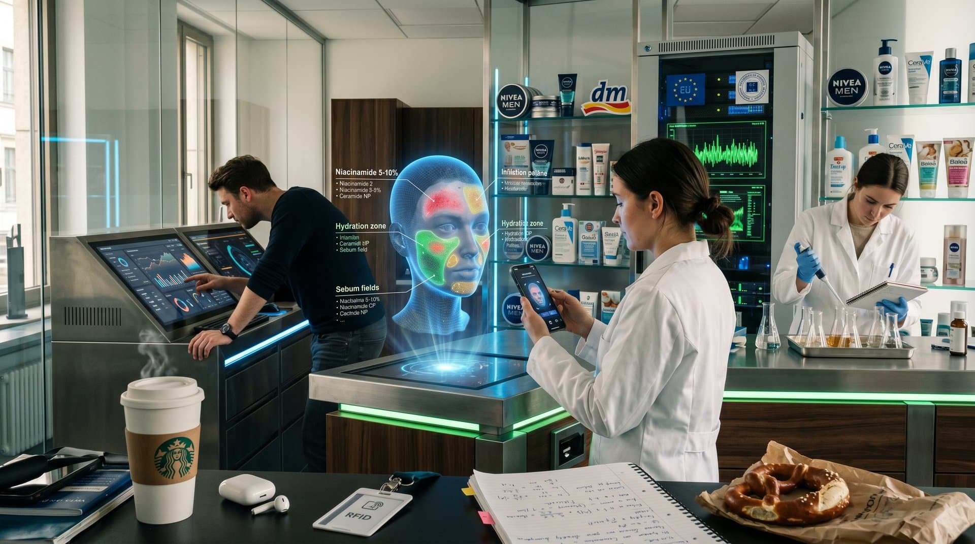 Abstrakte 3D-Hautanalyse mit LAist KI-App, Drogerie-Produkte und Beauty-Tech-Elemente im Fokus