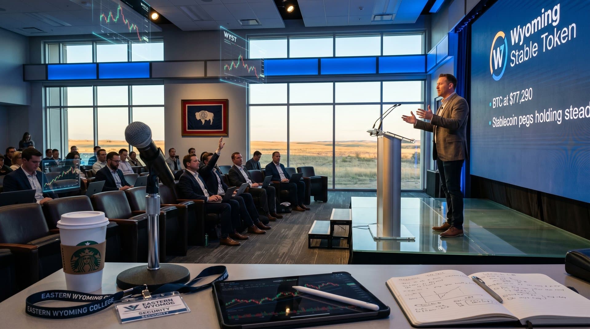 Bühne am Eastern Wyoming College mit Crypto-Charts, WYST-Logo, Zuhörer-Silhouetten und Beauty-Produkten