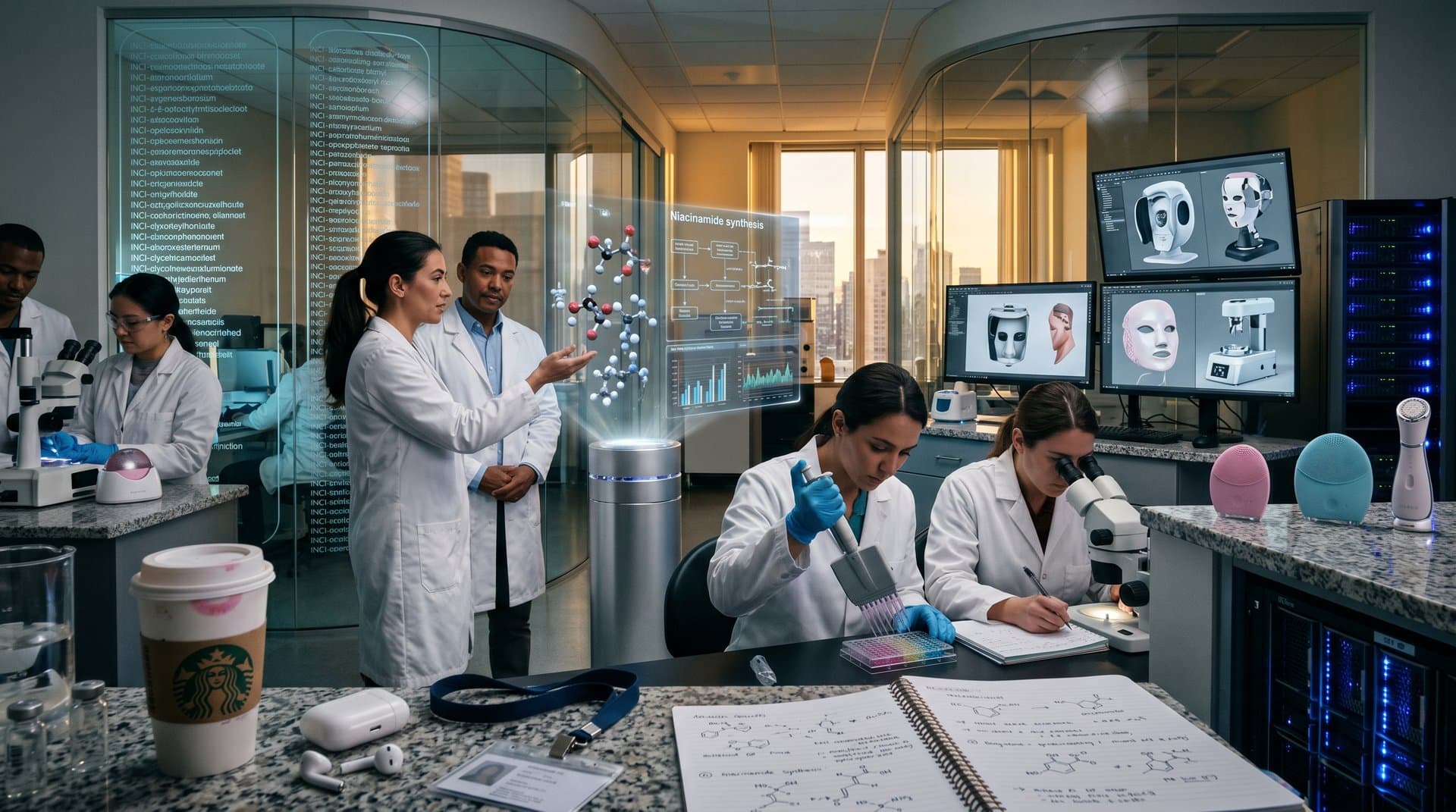 High-tech Lab mit KI-Diagrammen für Medtech-Lifecycle in Beauty