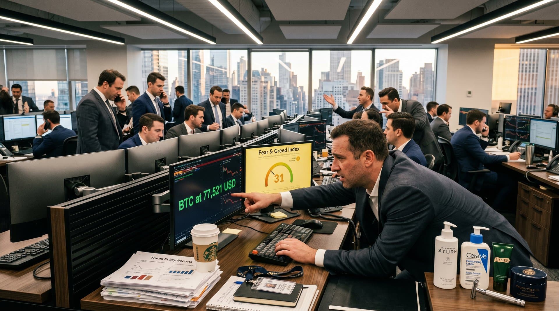 Trading Desk mit BTC bei 77.521 USD, Fear & Greed 31, Krypto-Charts und Herrenpflege-Produkten