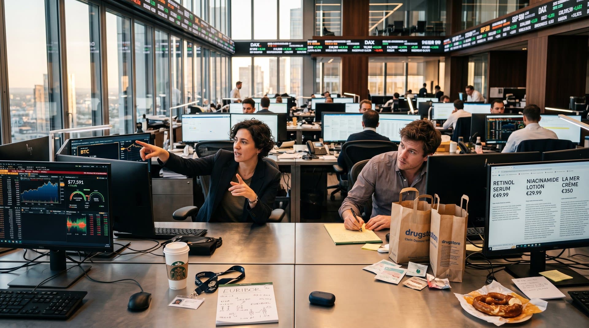 Crypto-Charts mit Beauty-Produkten auf Trading-Desk, BTC 77.591 USD, Fear 31 und INCI-Labels