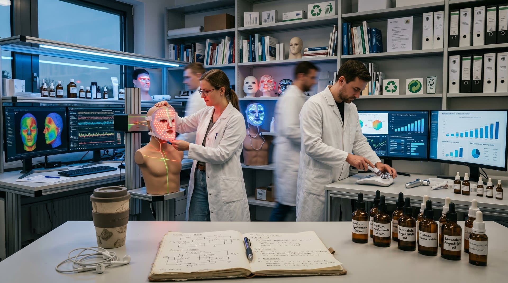 KI-Skinscanner und LED-Masken-Prototypen in modernem Beauty-Medtech-Labor