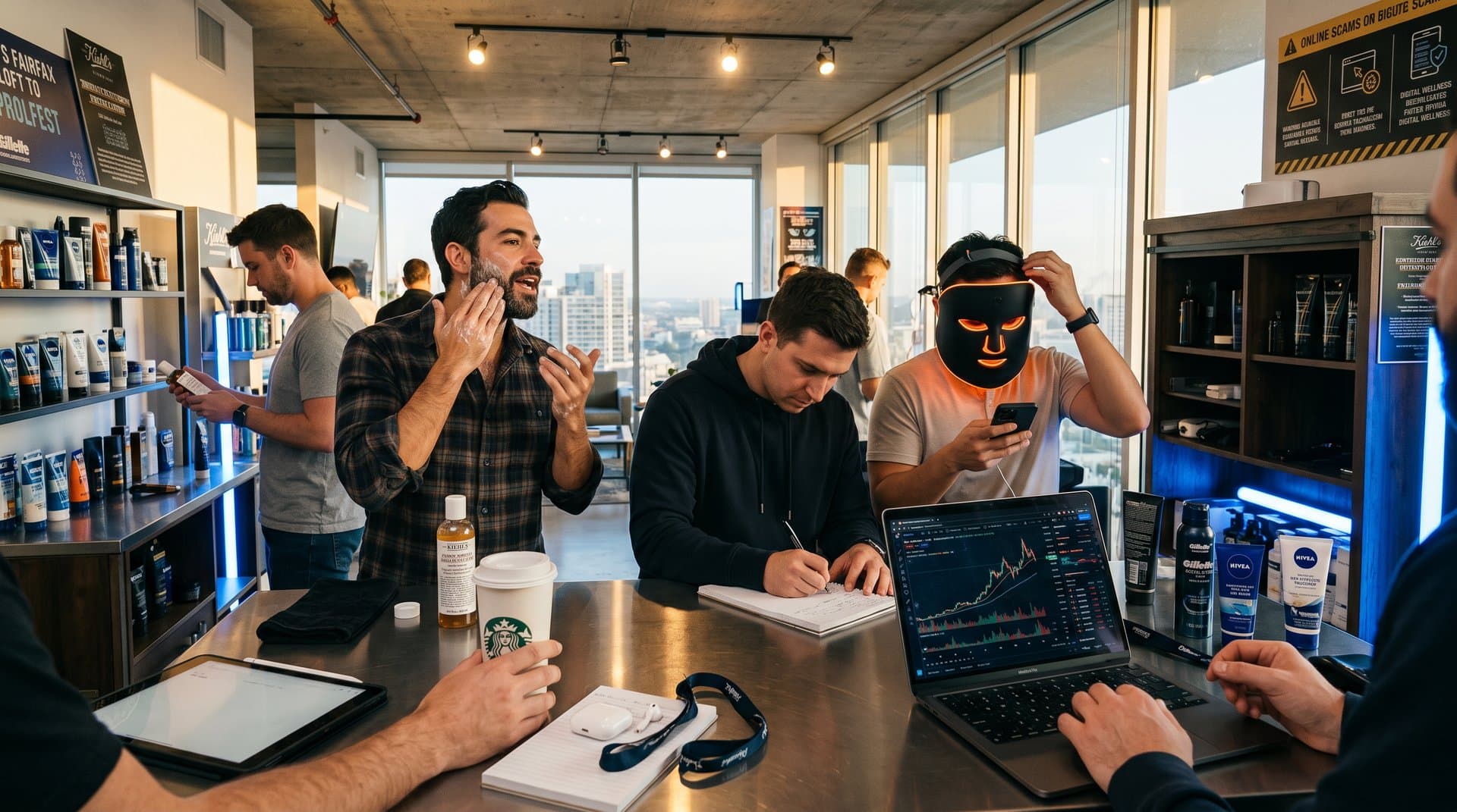 Männer bei Scam Jam Fairfax Grooming-Event mit Pflegeprodukten, INCI-Listen und Scam-Warnungen