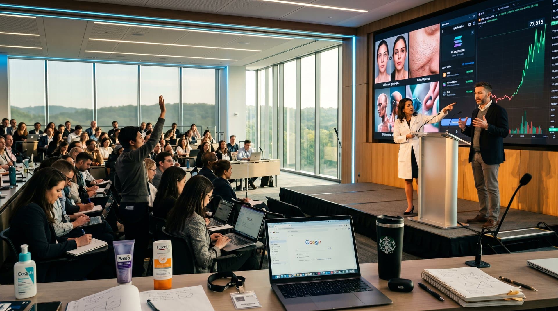 Experten in Fairfax-Konferenzraum analysieren Scam-Profile mit Glow-Ups, KI-Tools und Beauty-Produkten