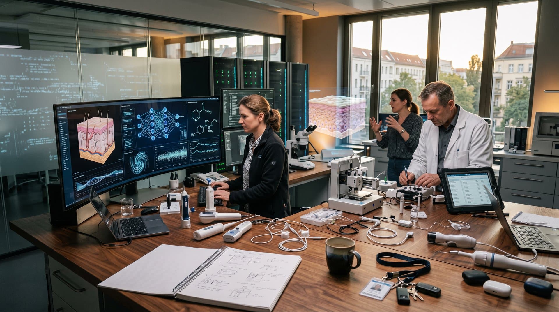 AI-Labor-Szene mit Hautanalyse-Geräten, 3D-Skinmodellen und Servern für Medtech-Pflege