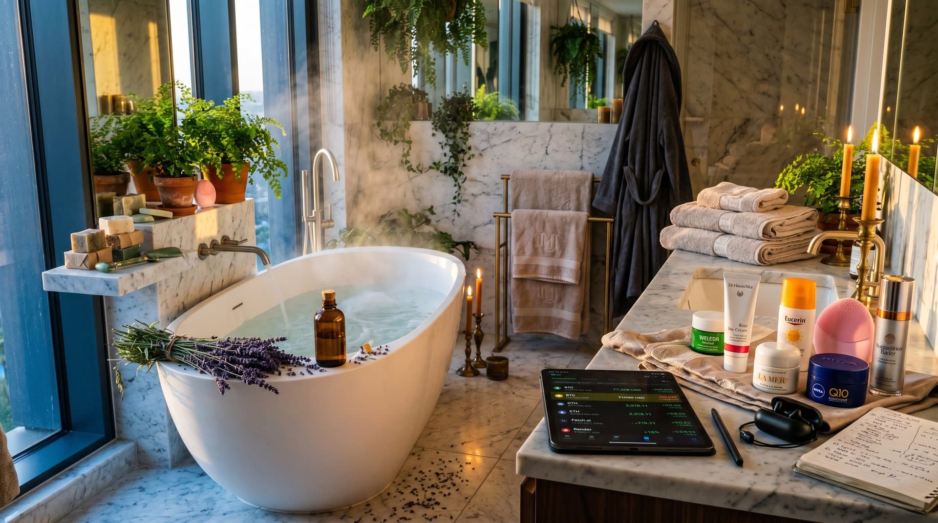 Luxus-Bad mit Crypto-Charts: BTC 77.758 USD, Fear 33 und INCI-Beauty-Produkte