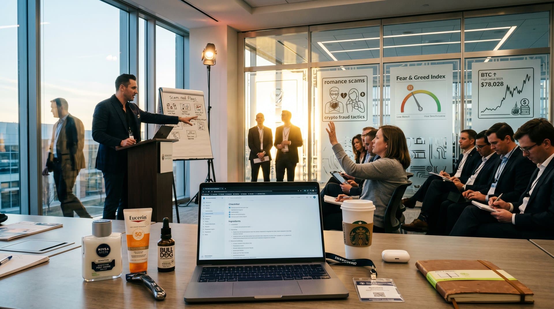 Fairfax Konferenzraum mit Grooming-Produkten, Scam-Postern und Crypto-Charts