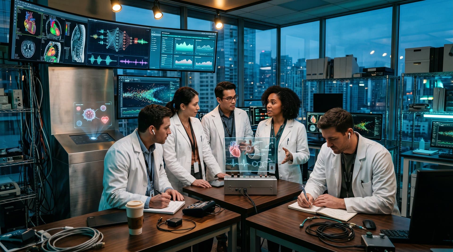 KI-Forscher analysieren Herzscans und Onkologie-Daten in high-tech Labor mit Monitoren und Glaswänden
