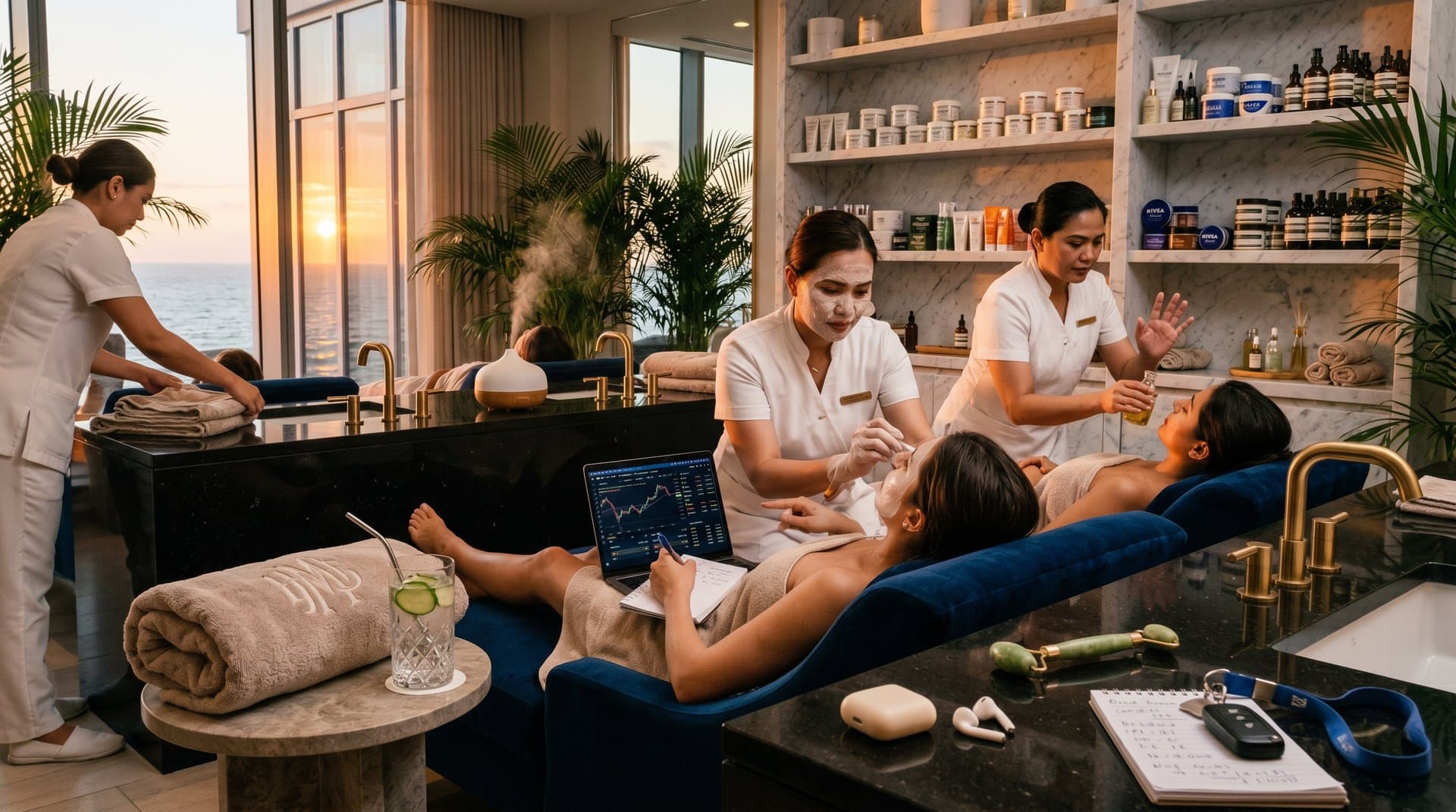 Luxus-Spa-Stationen mit Beauty-Produkten und Crypto-Screens im Mar-a-Lago-Stil