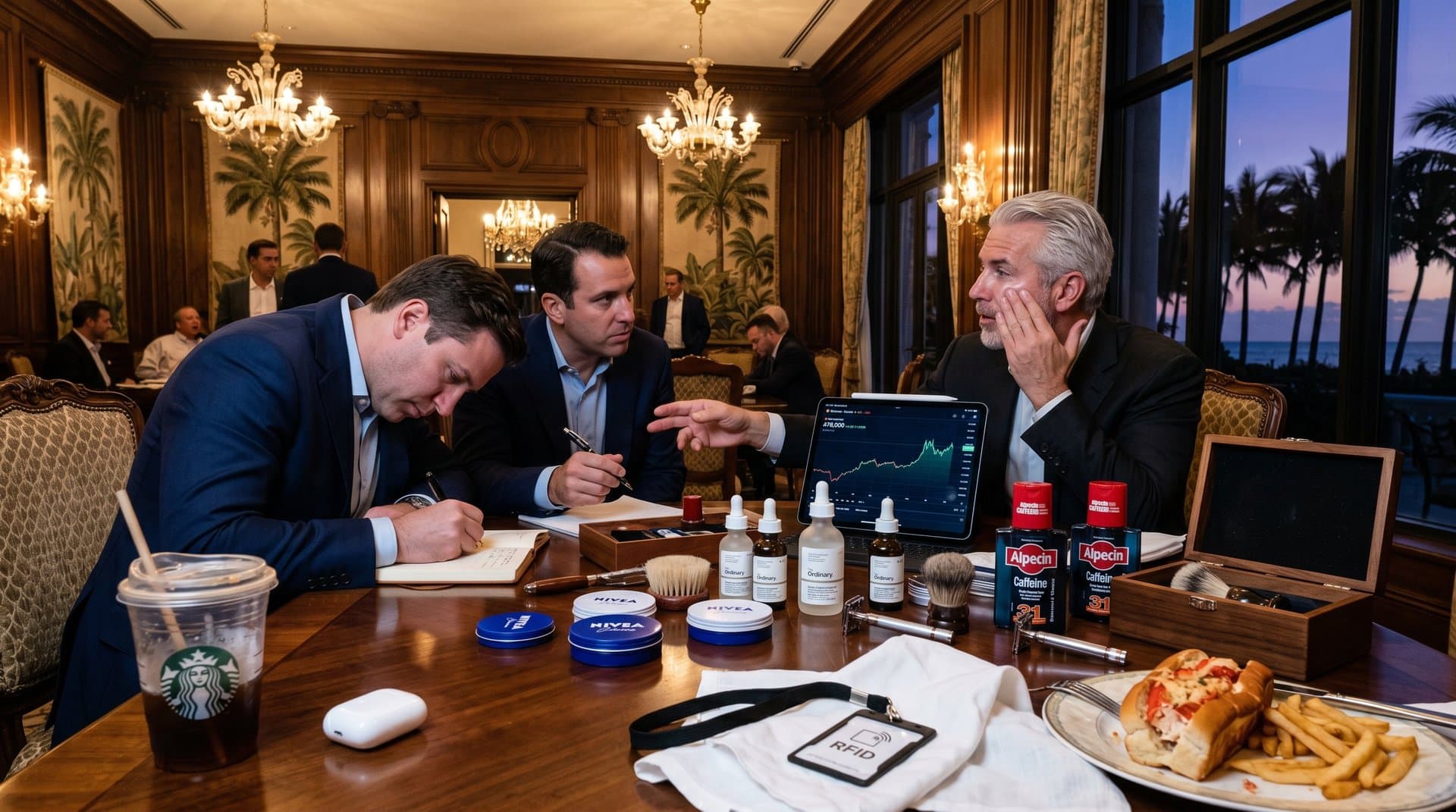 Crypto-Gewinner mit Grooming-Produkten in Mar-a-Lago, BTC-Charts auf iPads, Luxus-Ballsaal-Details