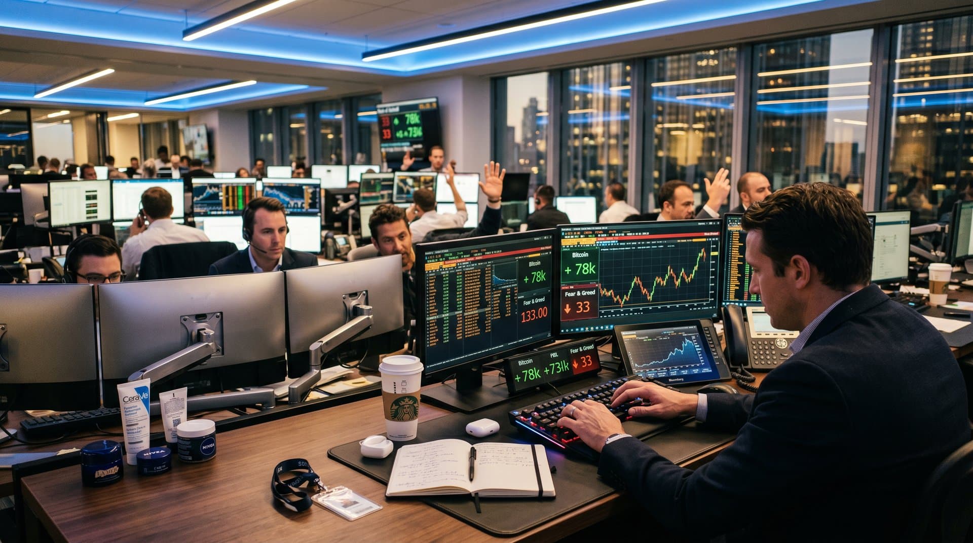 Bloomberg-Terminal mit Crypto-Charts BTC 78.079 USD, Fear & Greed 33 und Beauty-Produkten auf Trading-Desk