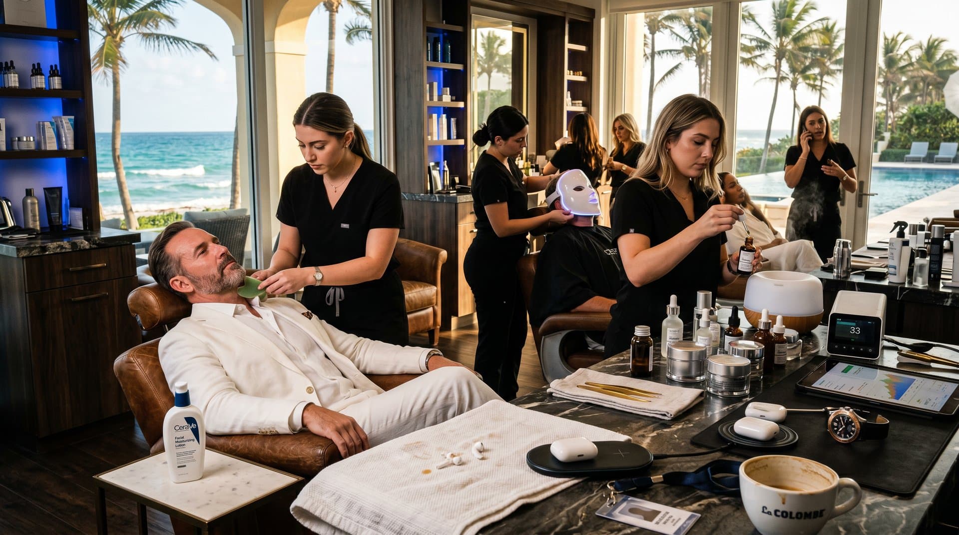 Luxus Grooming-Lounge bei Mar-a-Lago: Niacinamid-Serum-Anwendung, Produkte, Meerblick und Crypto-Elemente