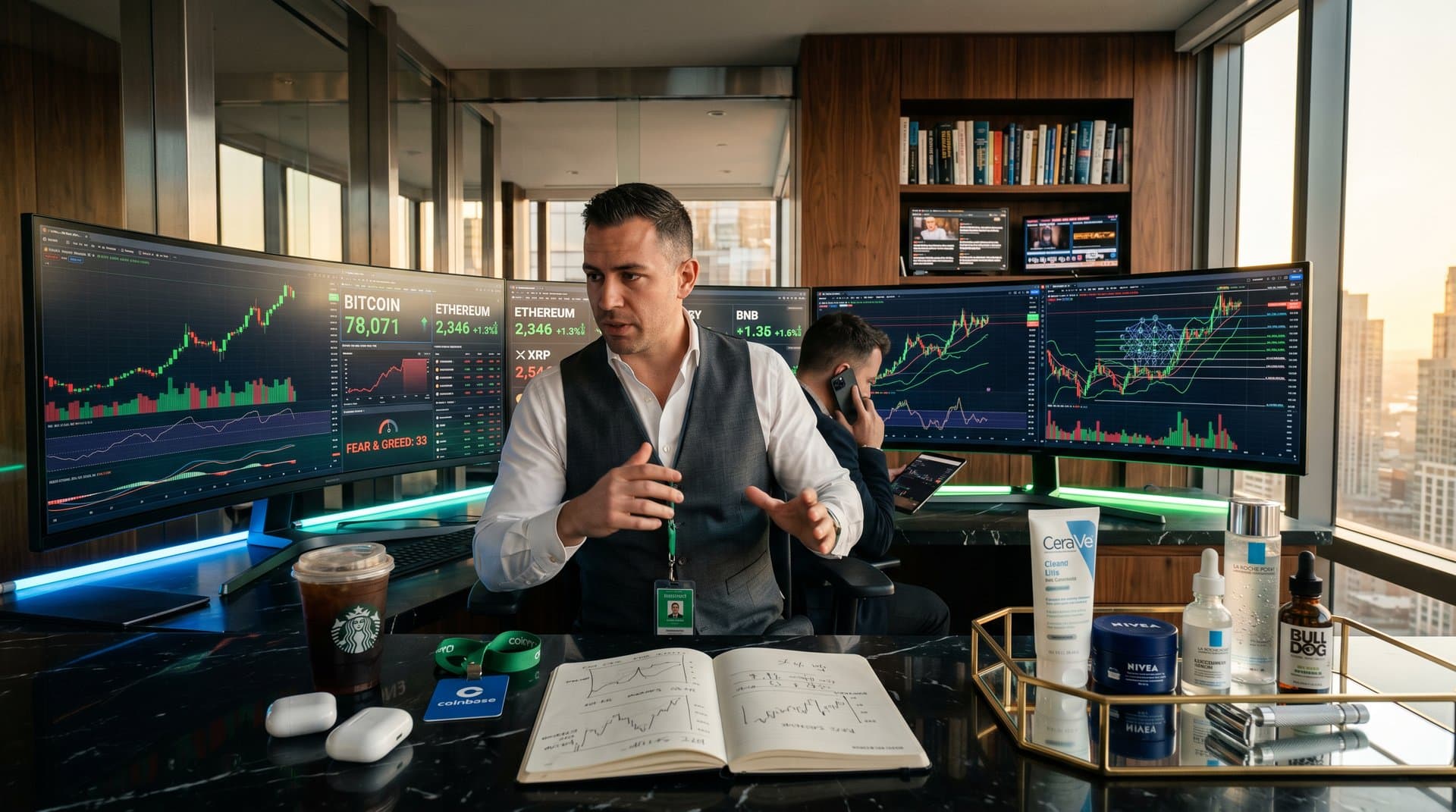 Crypto-Charts mit Bitcoin 78k USD und Luxus-Grooming-Produkten auf Trading-Desk in Beauty-Tech-Stil