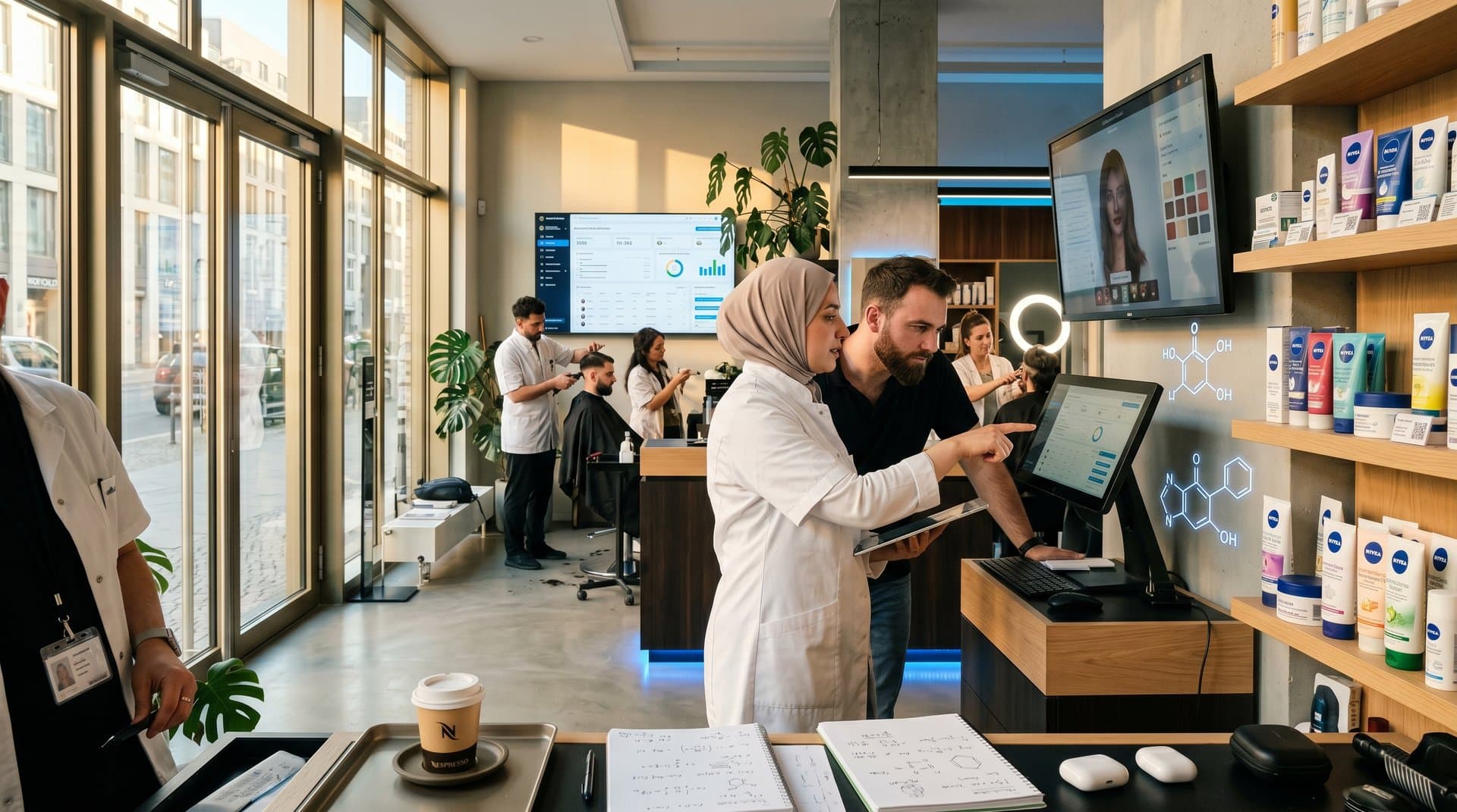 Beauty-Salon mit SaaS-Software-Bildschirmen für Buchungen und Grooming-Apps, Tech-Integration in Berliner Ambiente