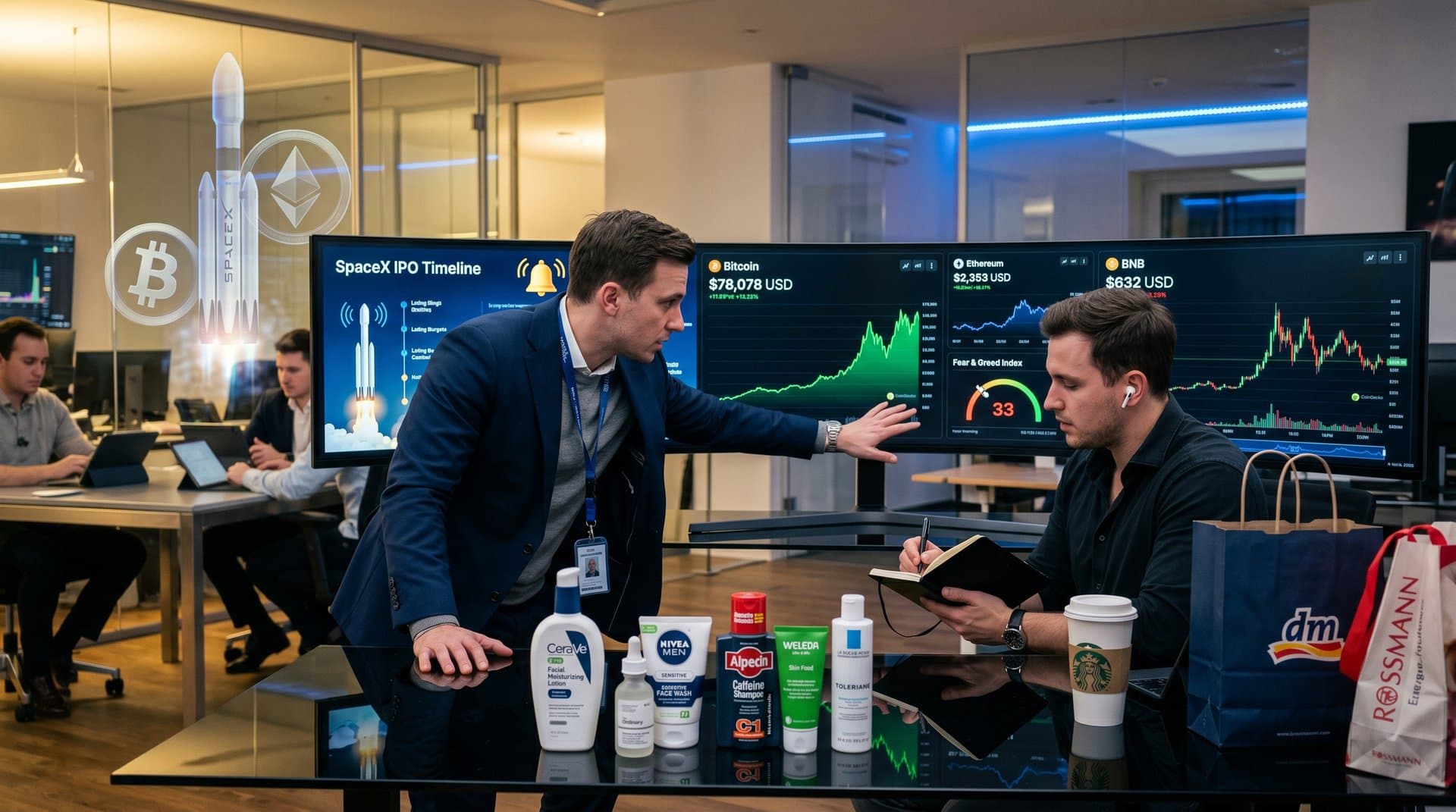 Trading-Desk mit SpaceX IPO Crypto Boom Charts, Grooming-Produkte, BTC 78k USD