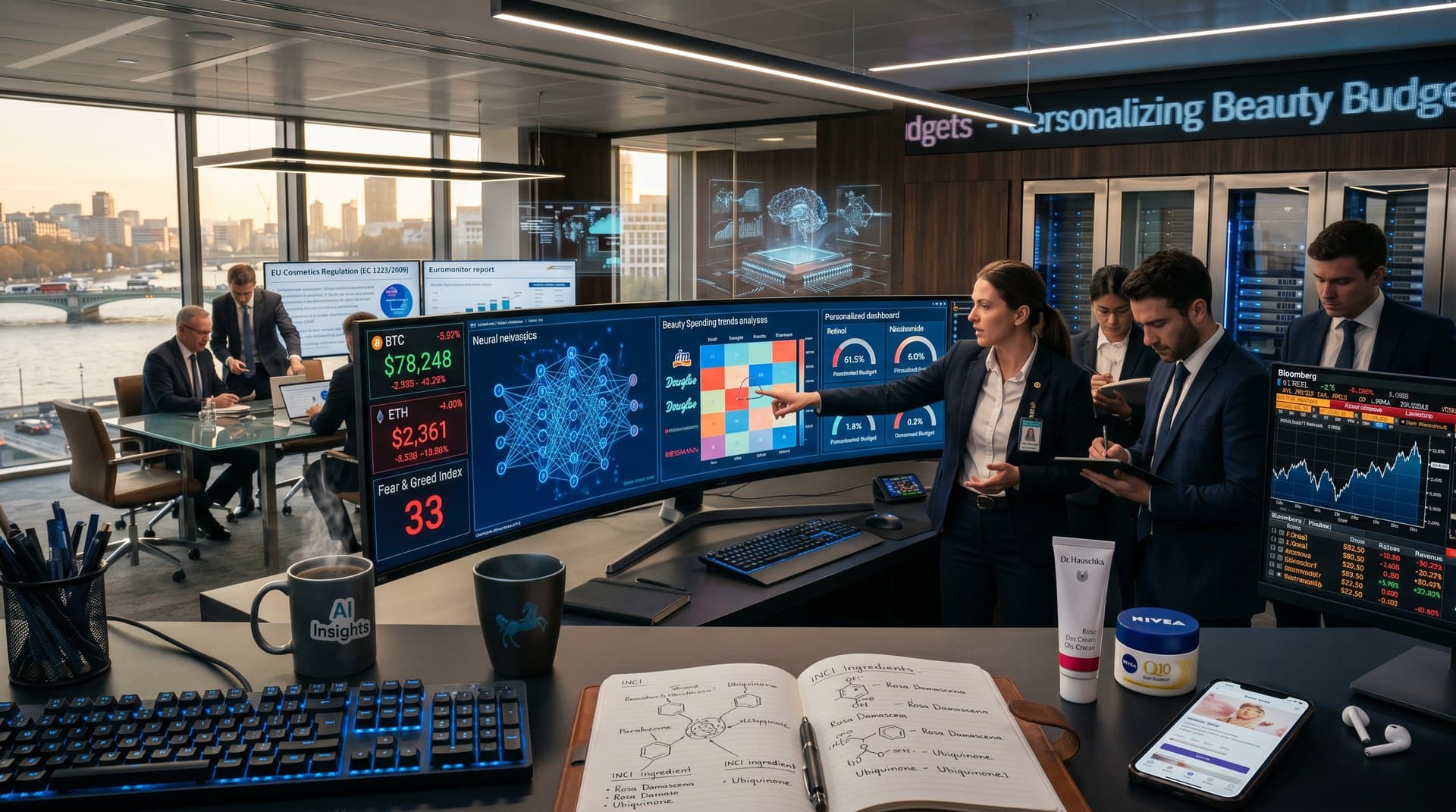 AI-Dashboard mit Beauty-Budget-Analyse und Crypto-Charts im Lloyds Lab