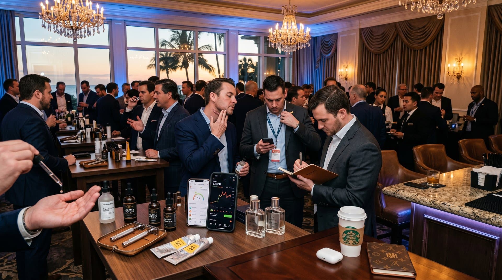 Mar-a-Lago Grooming-Produkte: Serums, Bartöle und Rasierer auf Tisch mit Crypto-Charts im Luxus-Ballsaal