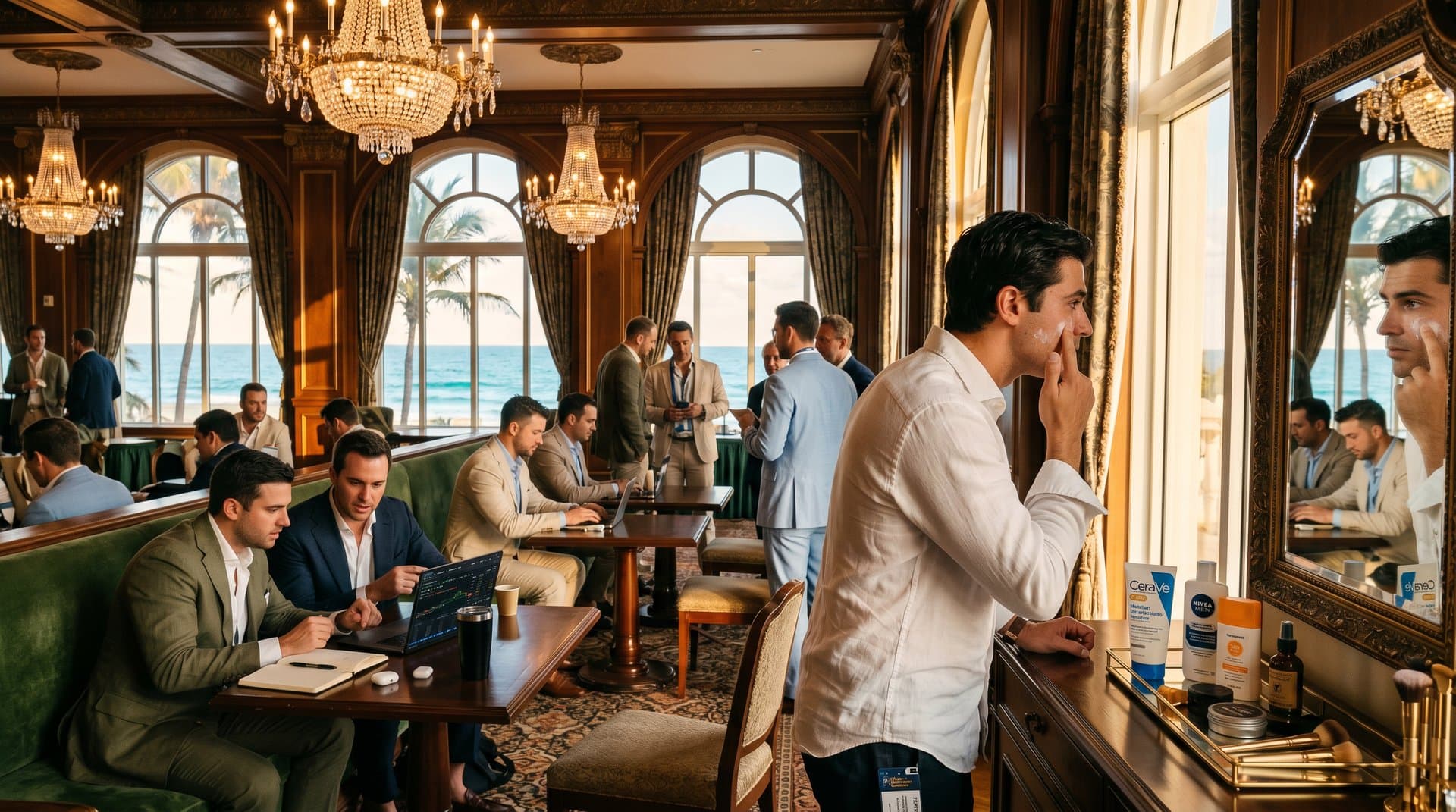 Mar-a-Lago Ballroom: Grooming-Details mit Bronzer, Leinen und Luxus-Kits vor Ozeanblick