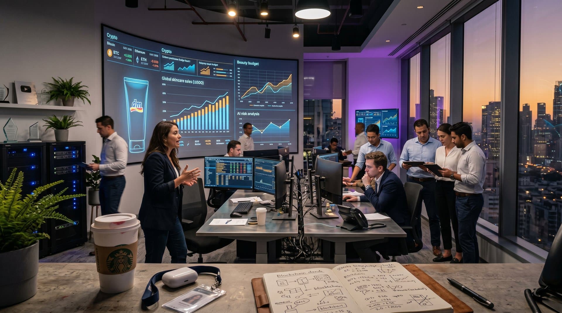 KI-Dashboard mit Beauty-Budgets, Crypto-Charts und INCI-Produkten im Lloyds-Stil