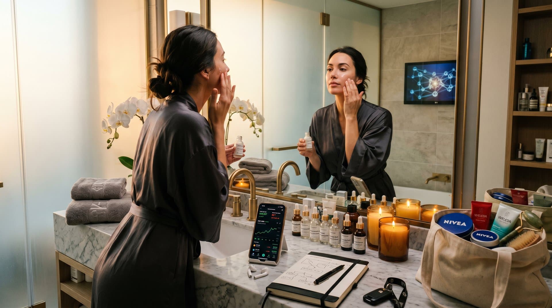 Smartphone mit Krypto-Charts neben Pflegeprodukten in luxuriösem Badezimmer