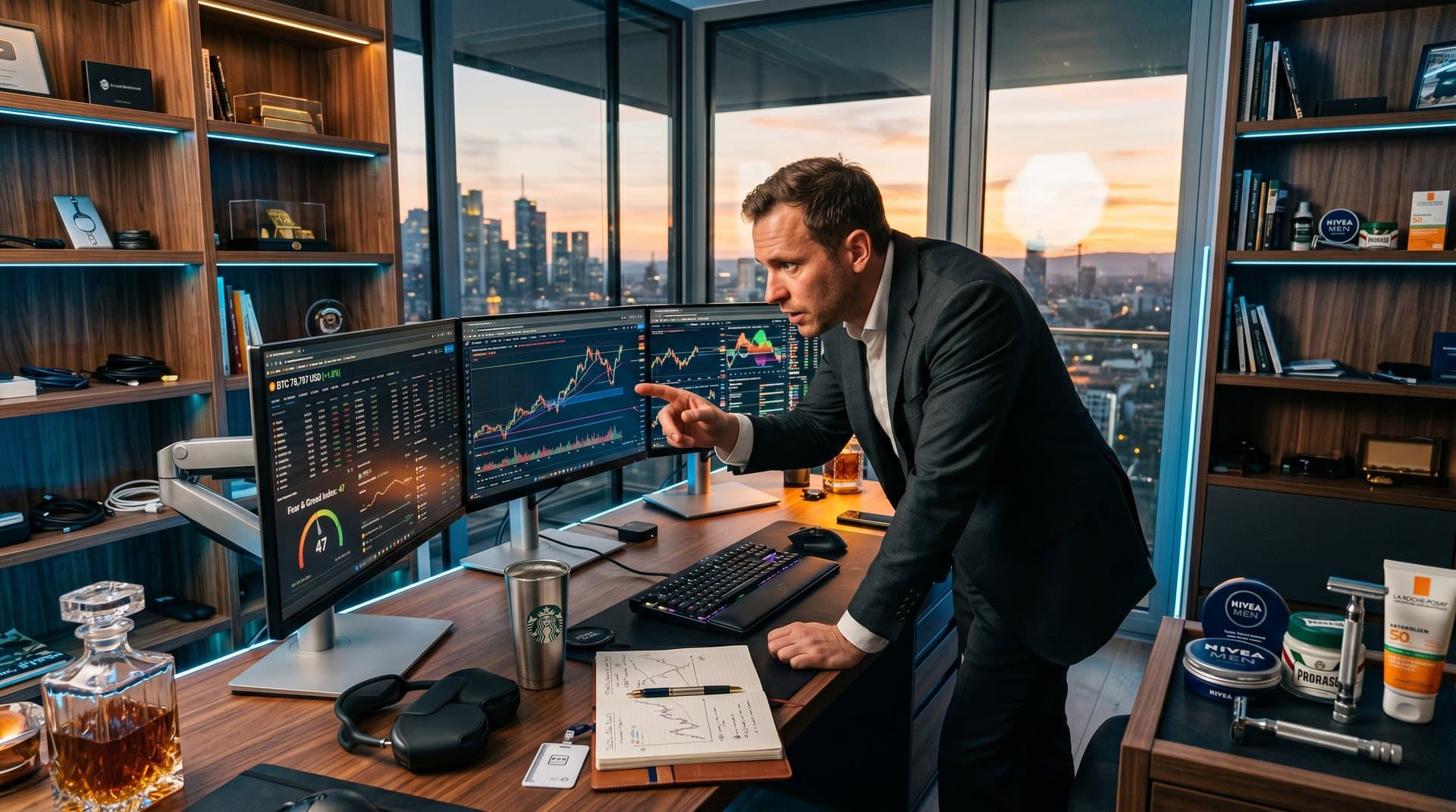 Trading-Setup mit BTC-Charts bei 78.797 USD, Fear & Greed 47 und Premium-Grooming-Produkten