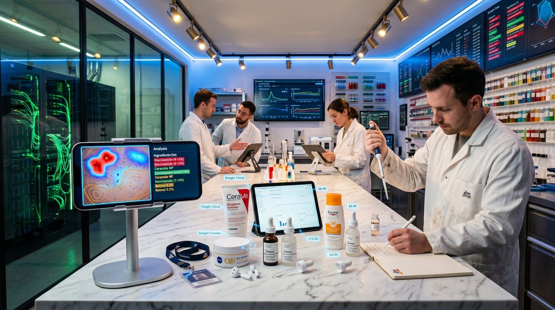Futuristisches Beauty-Tech-Setup mit Google AI Cloud Hautanalyse und Drogerie-Produkten