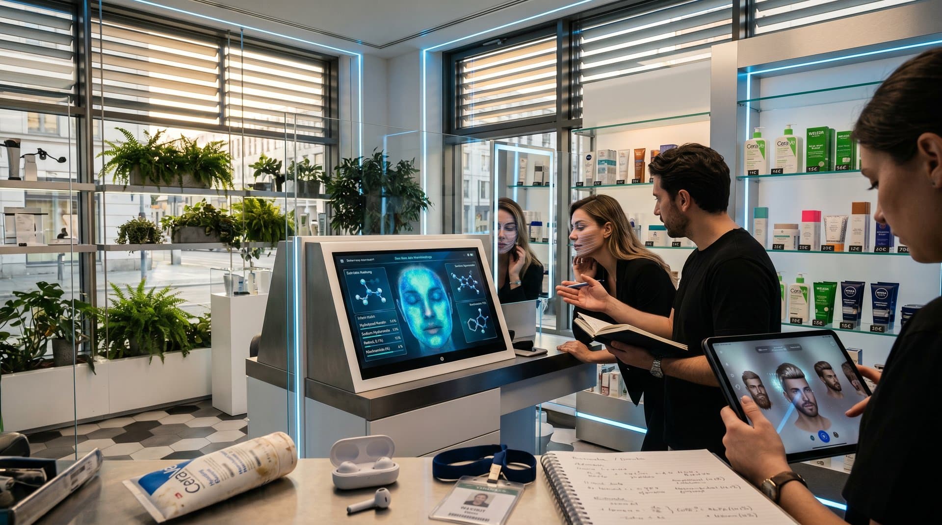 Beauty-Salon mit Google Edge-AI Skincare-Analyzer und Grooming-Try-Ons auf Bildschirmen