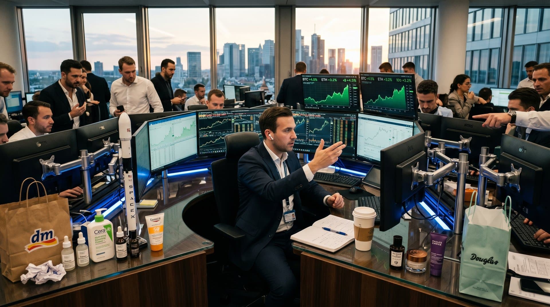 Crypto-Trading-Setup mit SpaceX IPO Charts und Luxus-Herrenpflegeprodukten auf Schreibtisch