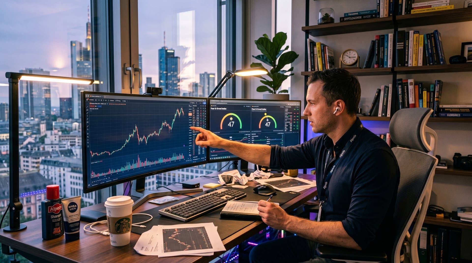 Trading-Monitore mit BTC-Charts bei 77.603 USD, Fear & Greed 47 und Grooming-Produkte wie Nivea und Alpecin auf Schreibtisch
