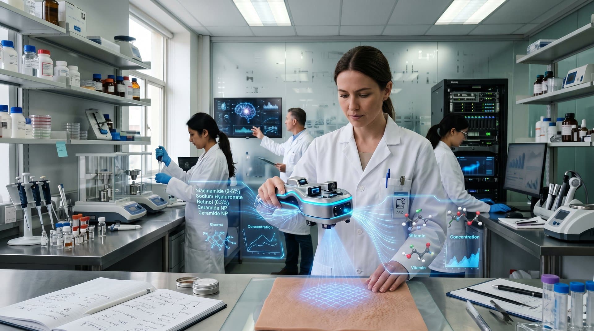 Futuristischer AI-Beauty-Scanner mit Grooming-Tools, INCI-Daten und Enterprise-Clouds in high-tech Design