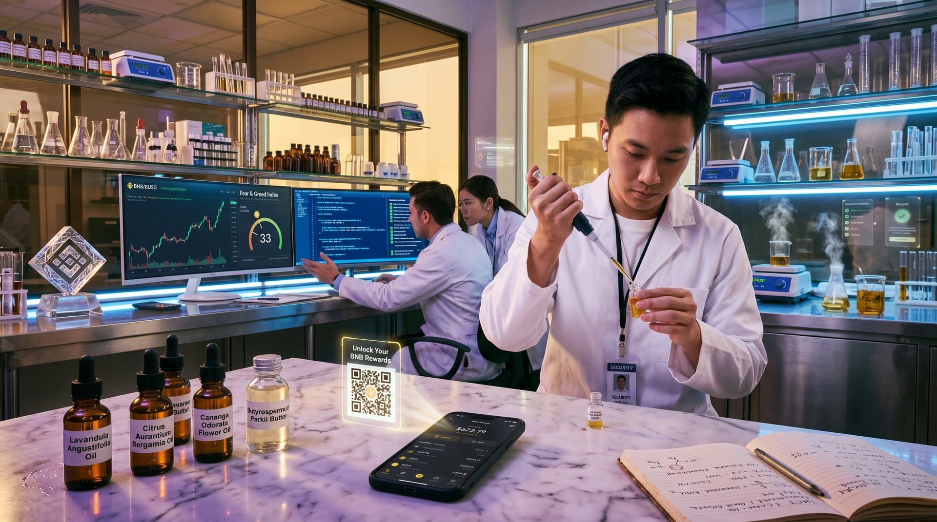 Beauty-Labor mit Ölen, QR-Code-Scan für BNB-Rewards und Blockchain-Charts