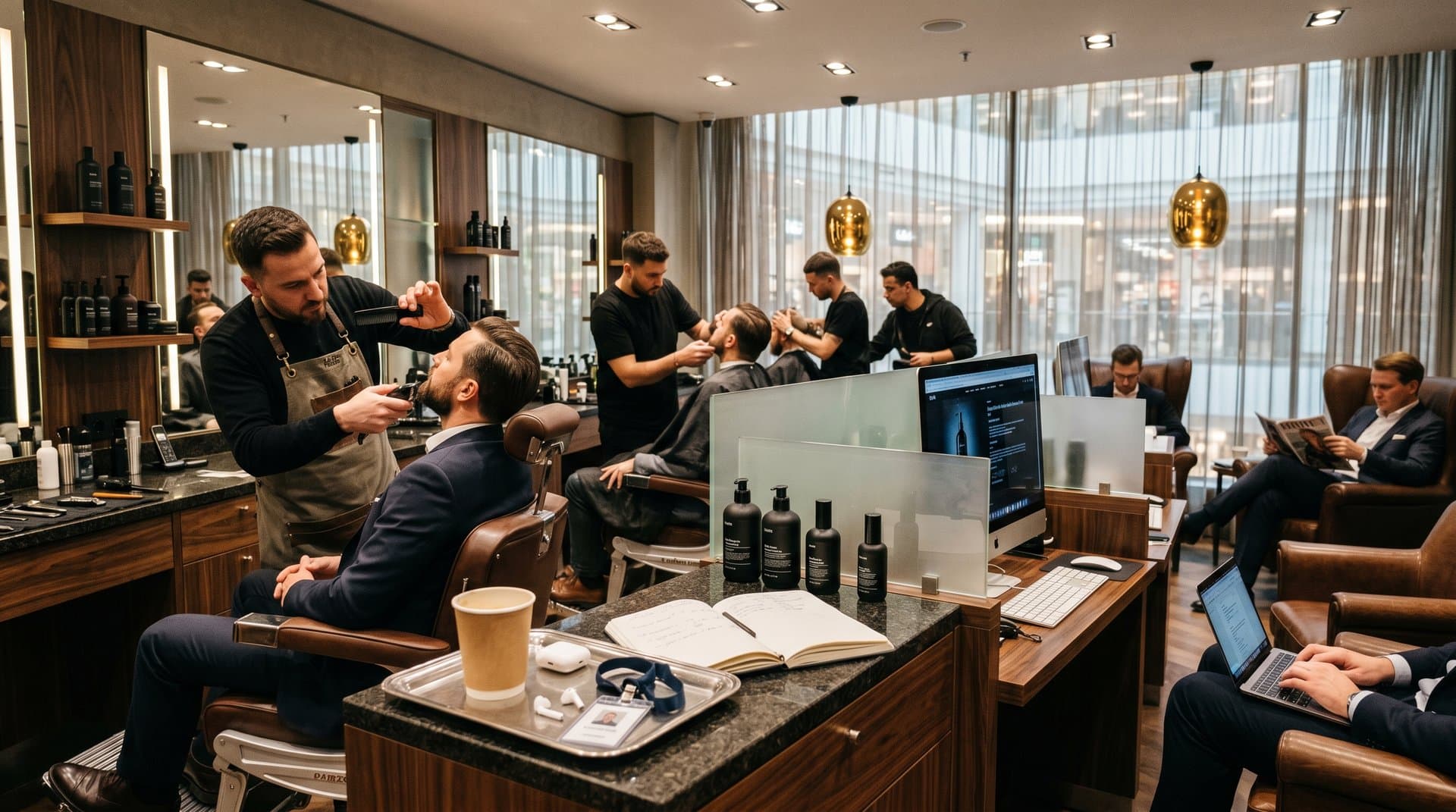 Herren-Grooming-Lounge in Luxus-KaDeWe mit Walnusständer, LED-Lichtern und Produktregalen vor Mall-Atrium
