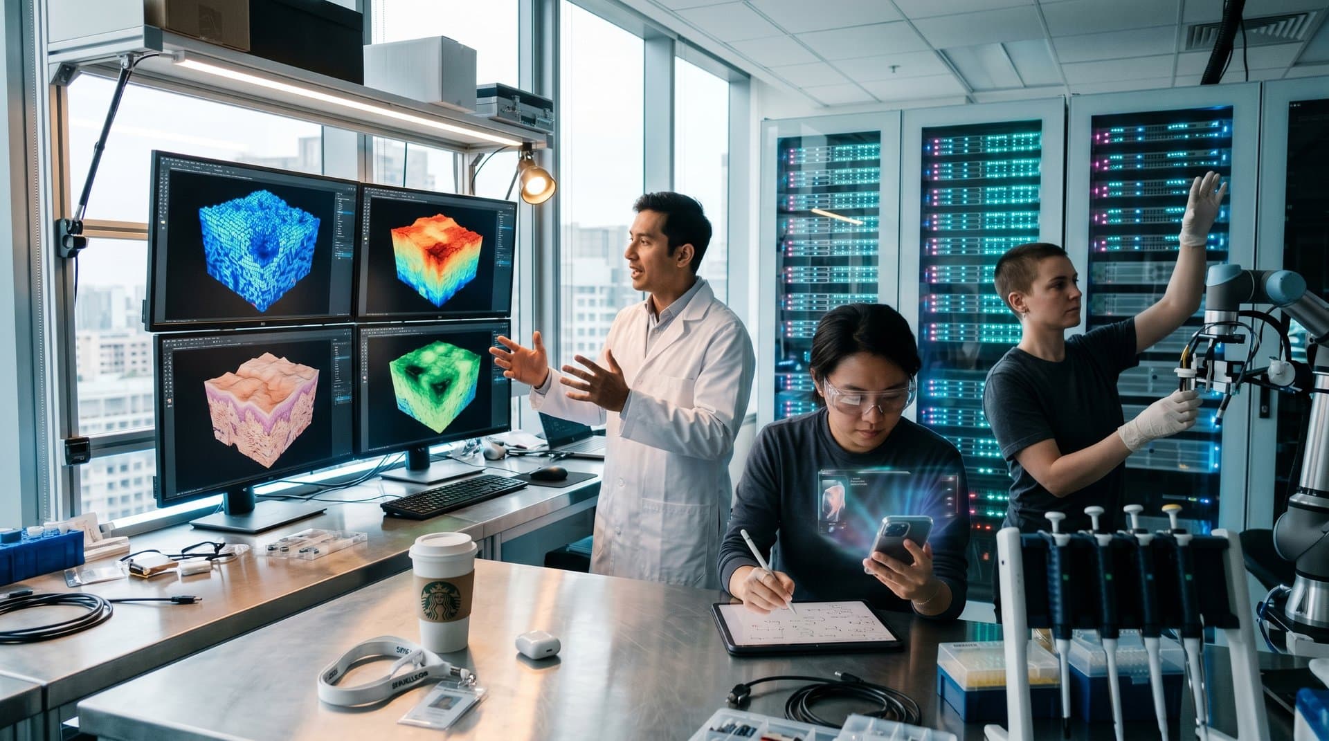 AI-Labor Beauty-Tech: 3D-Hautscans, AR-Smartphone, Server-Racks in modernem Lab mit Datenvisuals