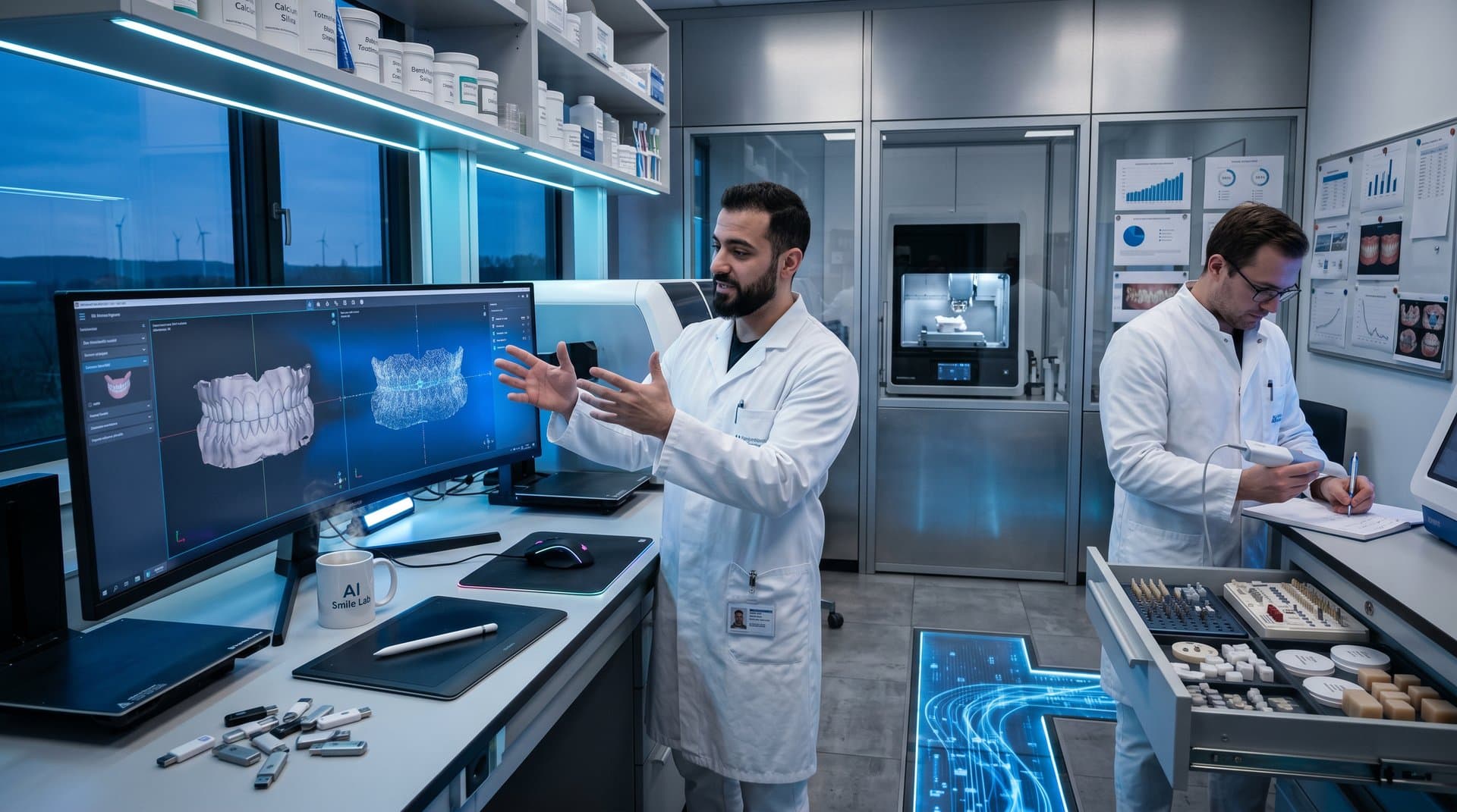 AI-generiertes 3D-Smile-Design auf Monitor in modernem Dental-Labor mit Drucker und Scannern