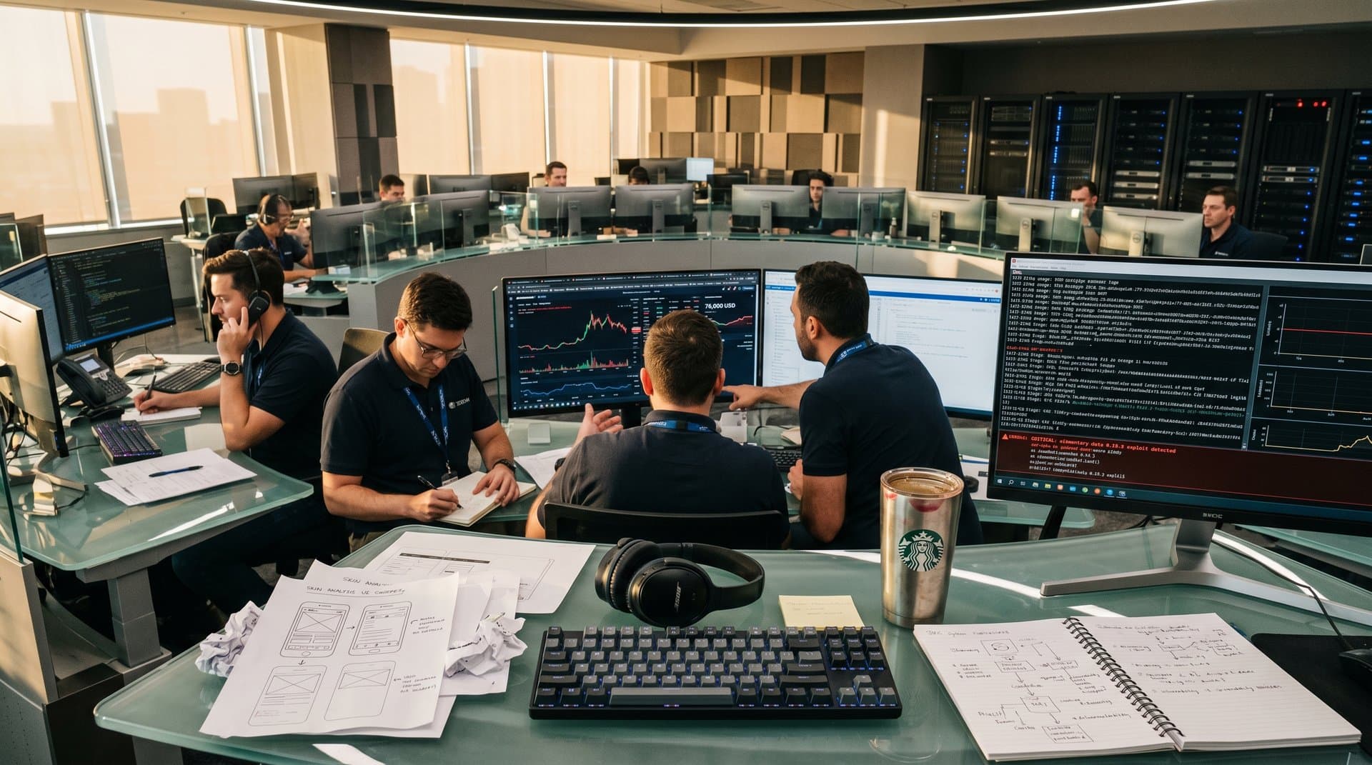 Cybersecurity-Analysten an Monitoren mit NPM-Warnungen und Krypto-Charts in modernem Ops-Center, Headsets und Badges auf Schreibtischen