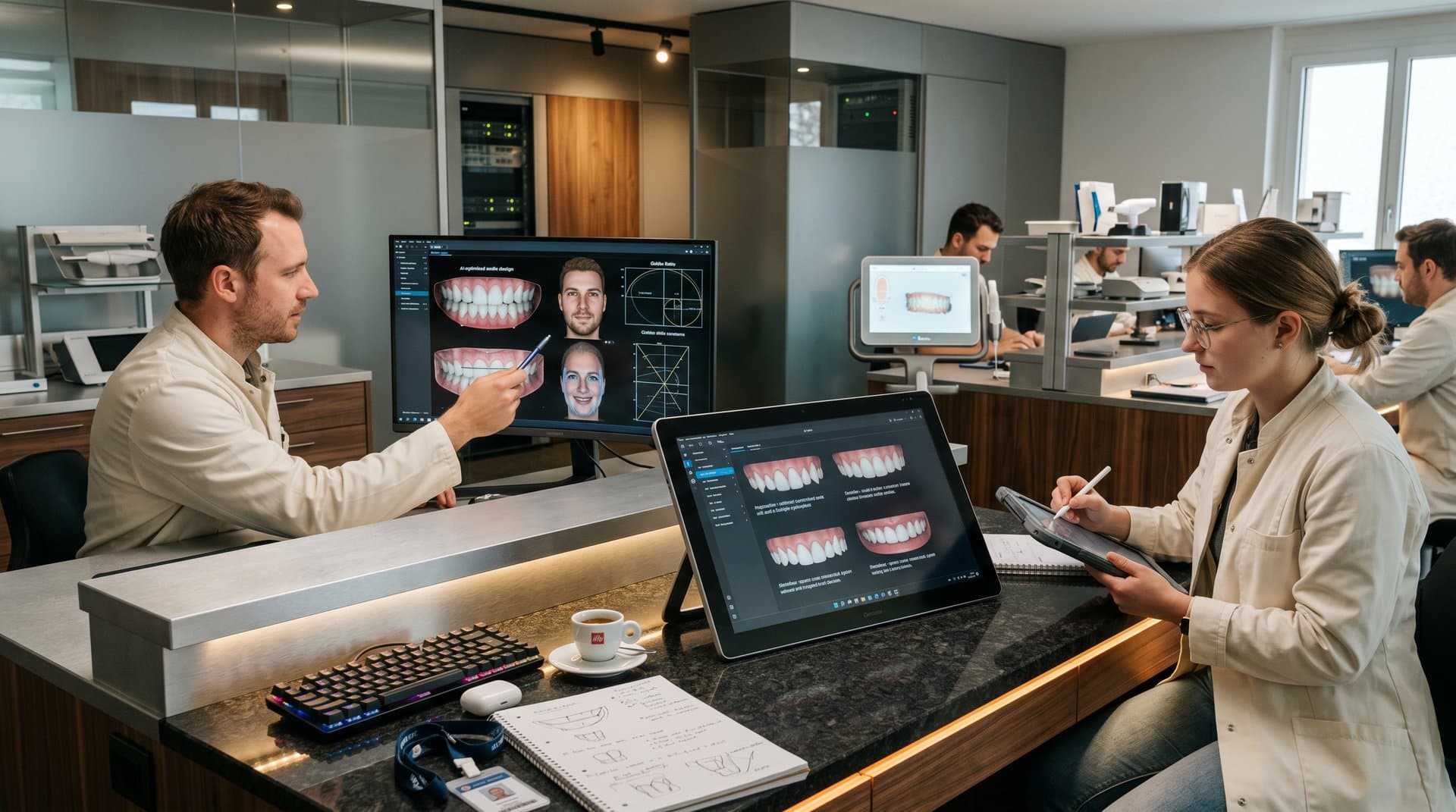 AI-gestützte 3D-Smile-Designs auf Monitoren in modernem Dental-Labor