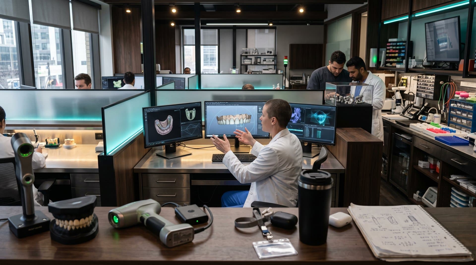 AI Dental-CAD auf Monitor in Tech-Labor mit 3D-Zahnmodellen und Scans