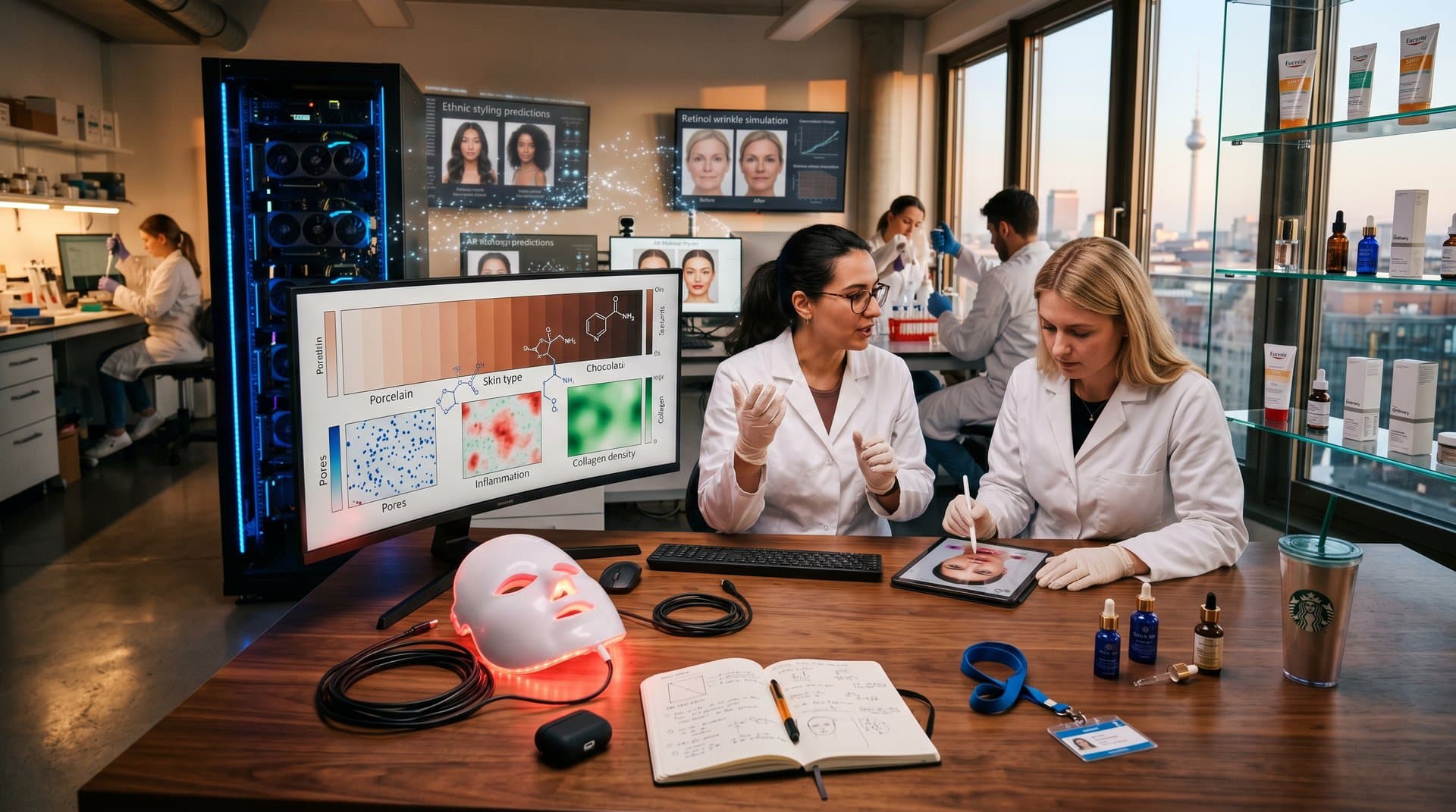 Futuristisches Labor mit AI-Hautanalyse-Heatmaps und Prototypen für Beauty-Tech
