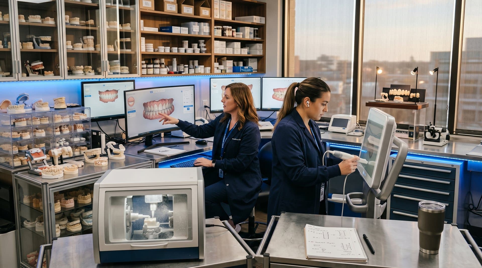 3D-Smile-Designs auf Monitoren in modernem Dental-AI-Labor mit Scannern und CAD-Workstations