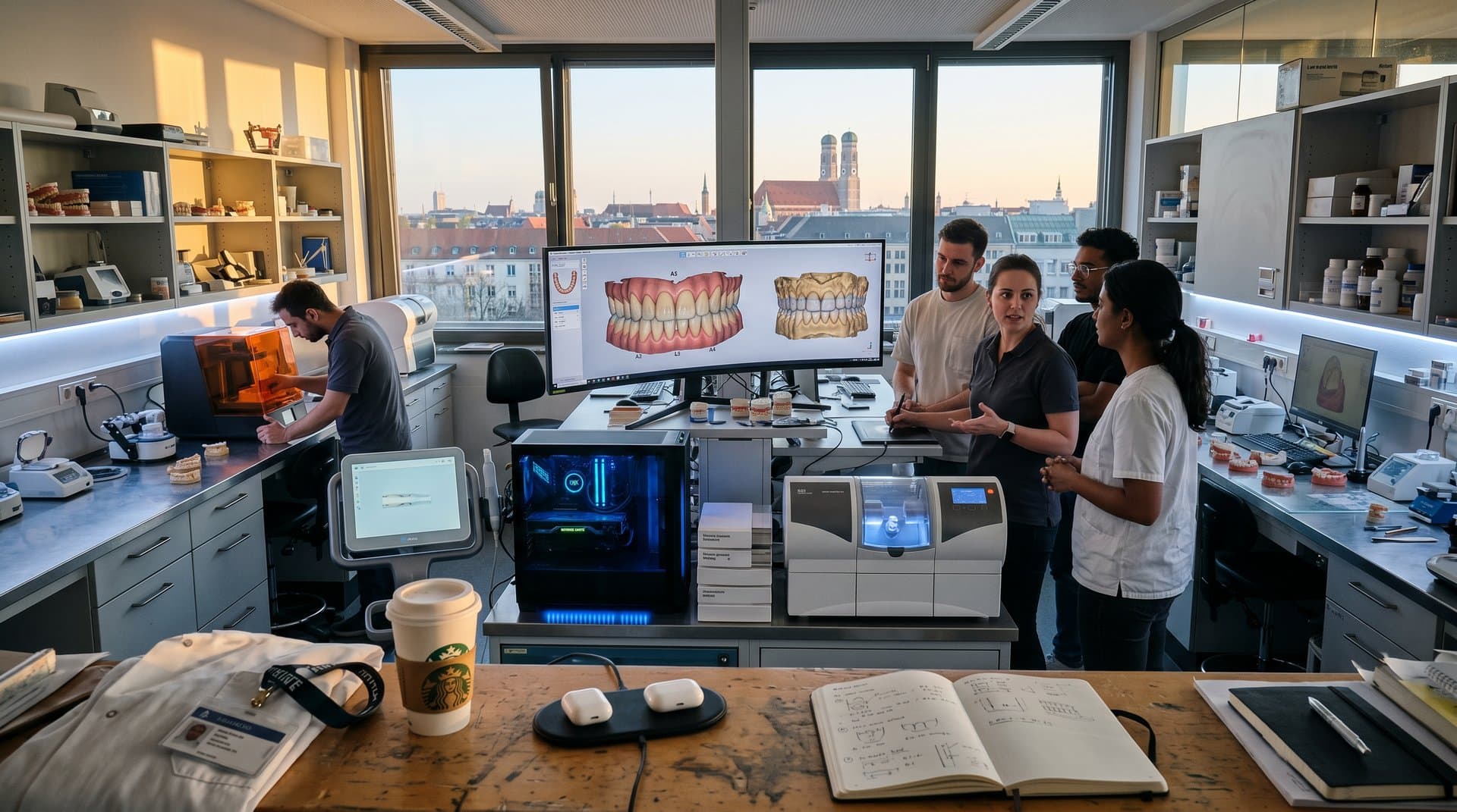 KI Dental CAD Lab: 3D Smile Designs auf Monitoren in modernem Tech-Setup