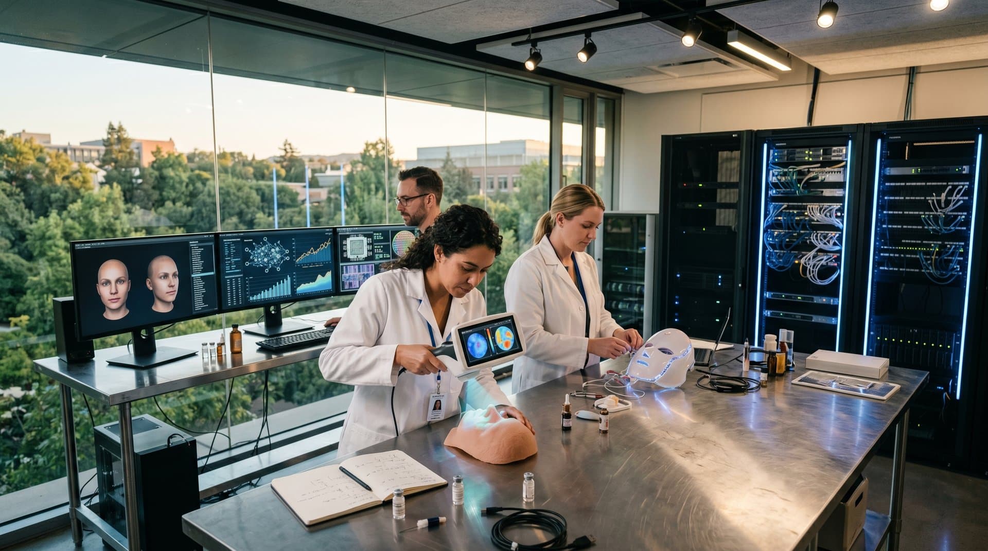 AI Beauty Tech Lab mit Hautscannern, 3D-Modellen, INCI-Heatmaps und ETF-Charts