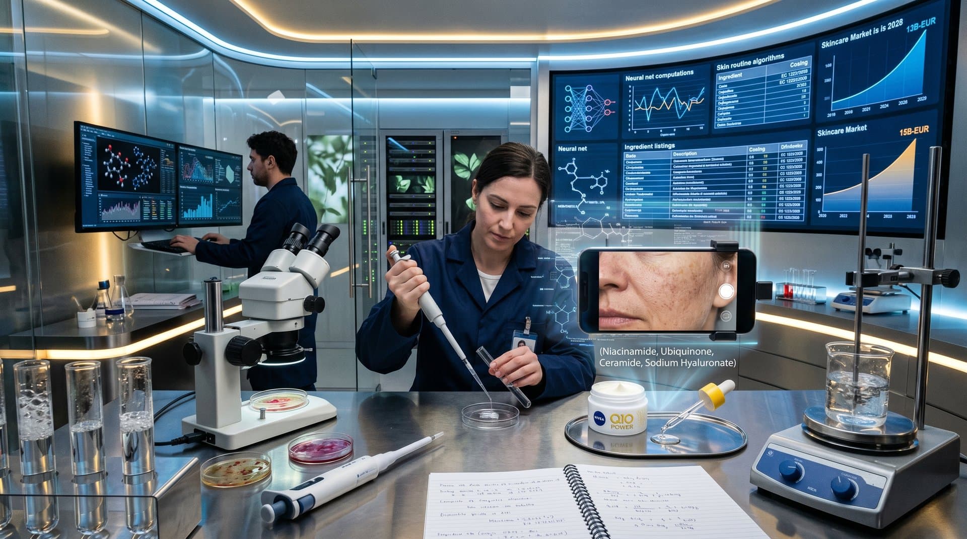 AI skin analysis app on smartphone with ingredient overlays and skincare products in modern beauty tech lab