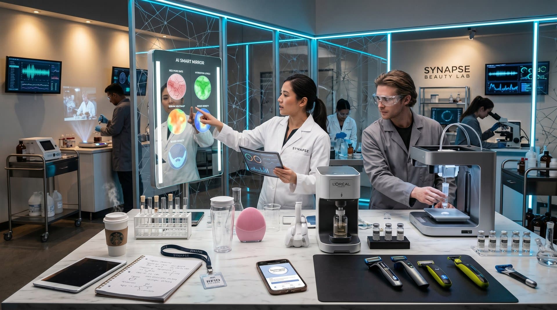 Beauty-Tech-Labor mit AI-Hautscannern, Smart-Spiegel und personalisierten Serum-Druckern