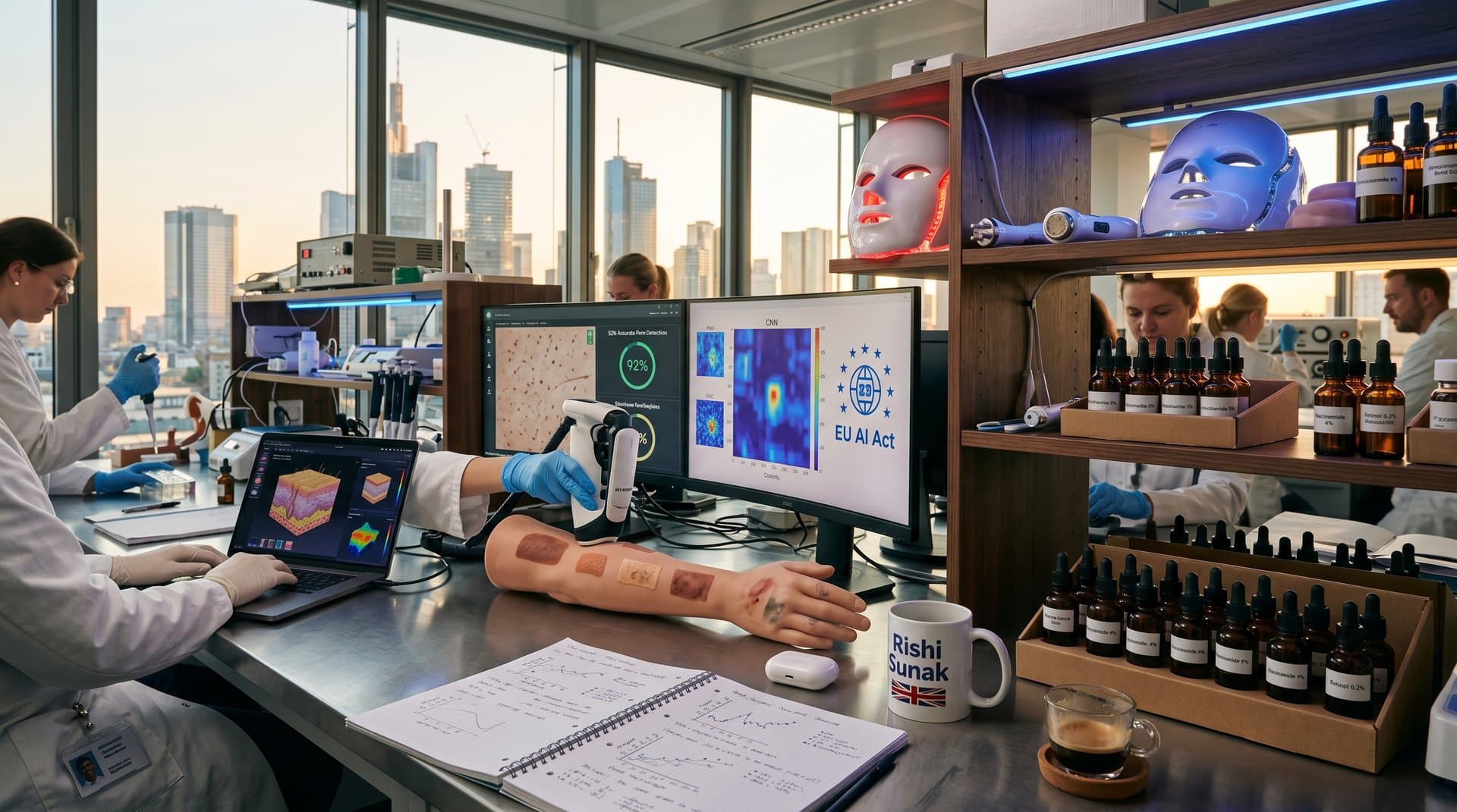 Forscher testen AI-Hautscanner und LED-Masken in modernem Beauty Tech Lab mit INCI-Scans