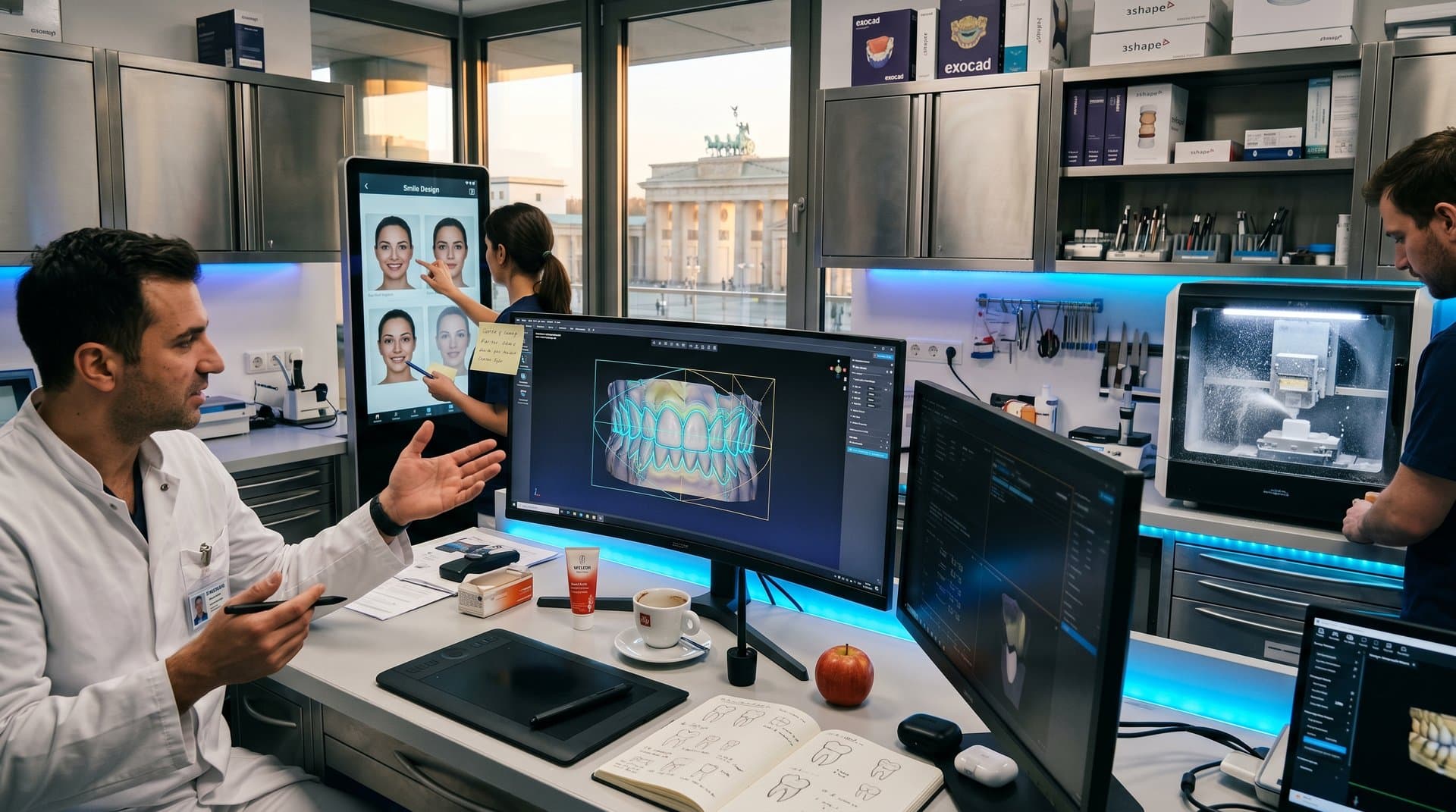 AI-gestütztes Dental-CAD-Design auf Monitor in modernem Labor mit 3D-Modellen