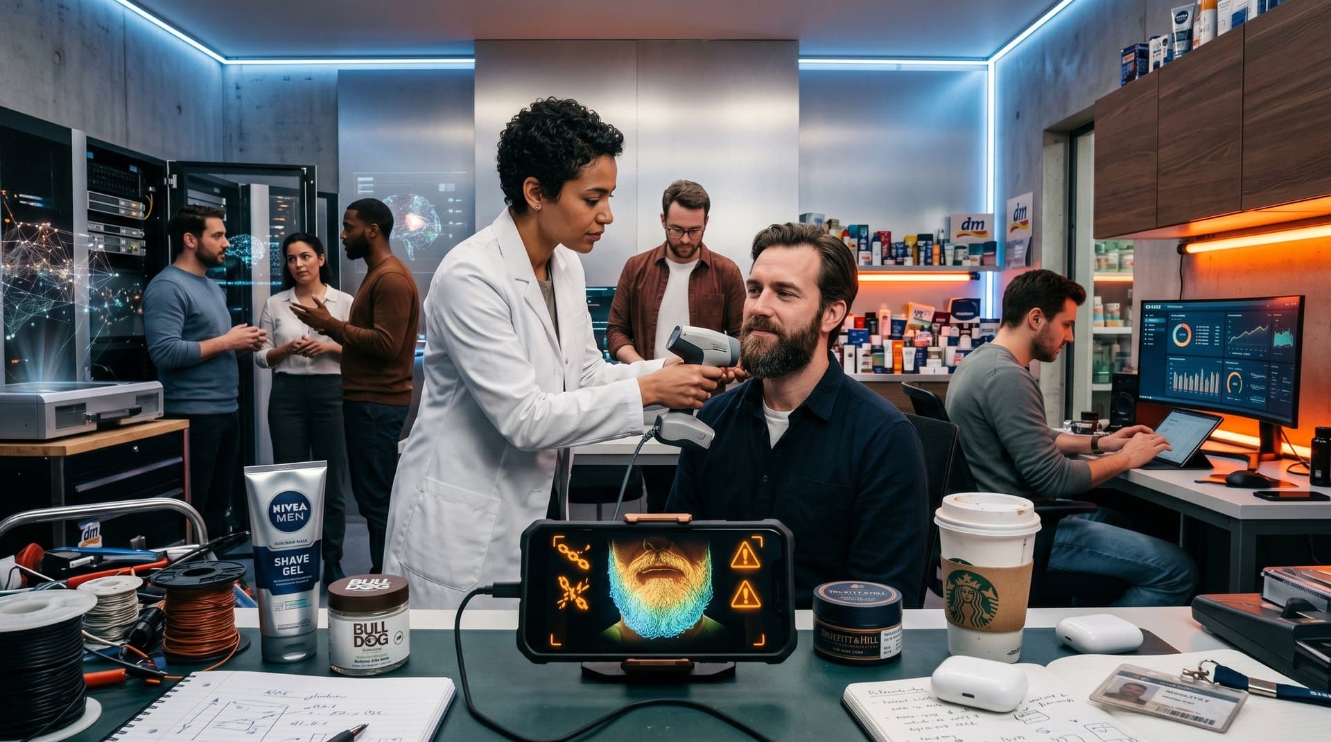 Futuristisches Beauty-Tech-Labor mit AI-Jailbreak-Warnungen auf Smartphone-Grooming-App, Nivea-Produkten und Servern.